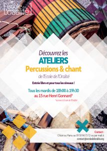 Découvrez les ateliers percussions et chant de l'Ecole de l'oralité. Entrée libre et pour tous les niveaux. Tous les mardis de 18h à 19h30 au 15 rue Henri Gonnard.